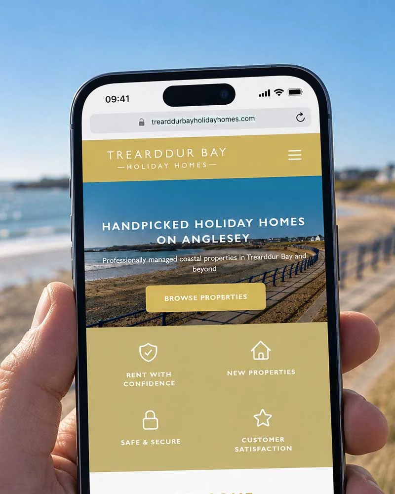 The Trearddur Bay Holiday Homes website on an iPhone, held up on the promenade at Trearddur Bay