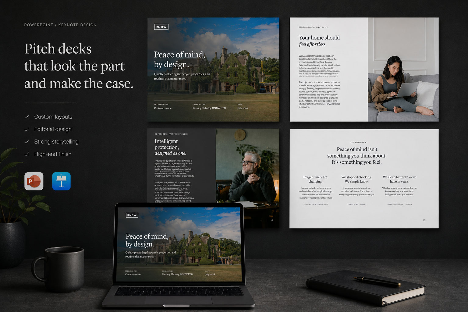 A selection of slide decks and sales collateral designed by Quietwork