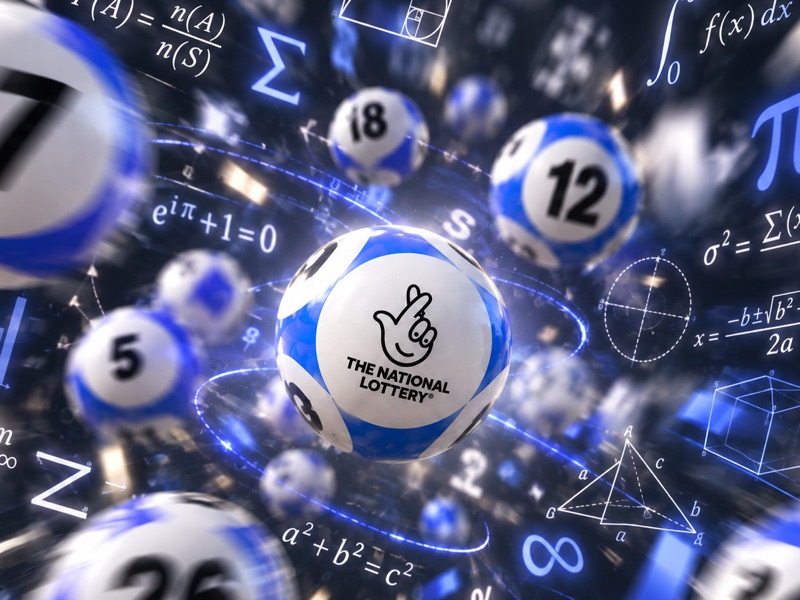 Lottery balls tumbling through a scatter of mathematical equations