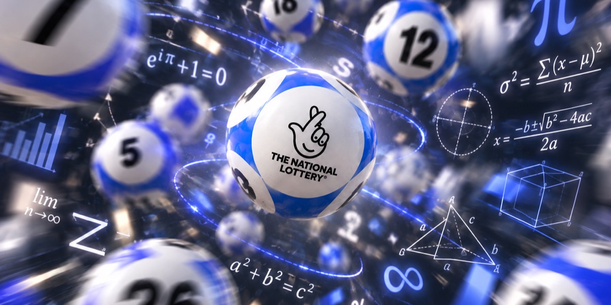 Lottery balls tumbling through a scatter of mathematical equations