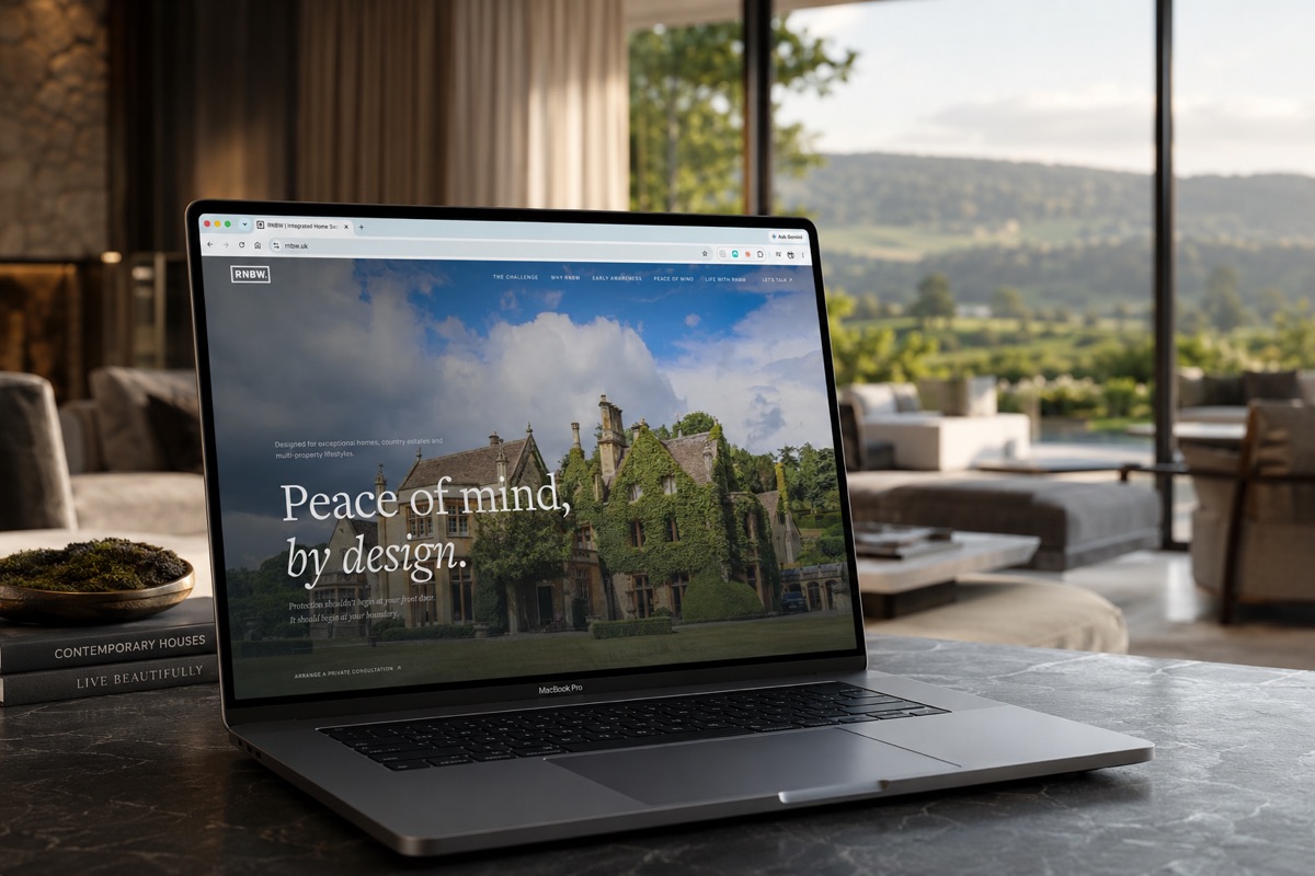 The RNBW website open on a laptop in a country house interior