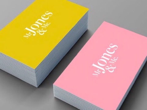 Mr Jones and Me business cards in yellow and pink