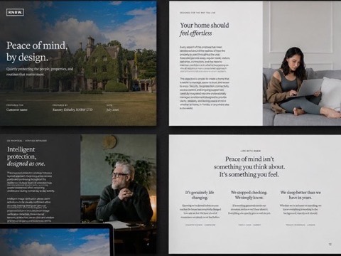 Four spreads from a designed pitch deck, laid out on a dark ground