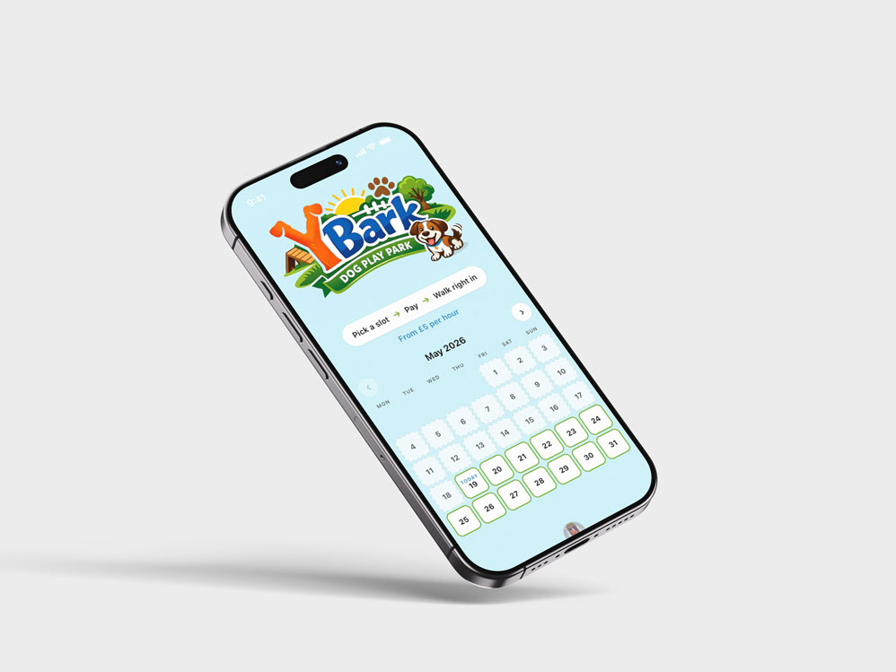 The Y Bark booking screen on a phone, showing pick a slot, pay, walk right in, above a calendar of available days