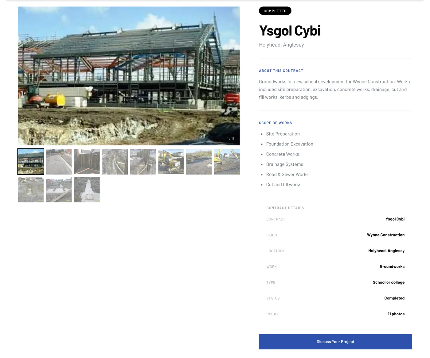 The Ysgol Cybi contract page, with a photo gallery beside the scope of works and a contract details panel listing the client, location, work, type, and status