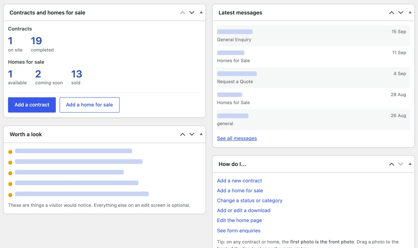 The WordPress dashboard the AMP team sees, with contract and home counts, Add a contract and Add a home for sale buttons, a Worth a look panel, the latest messages, and How do I links