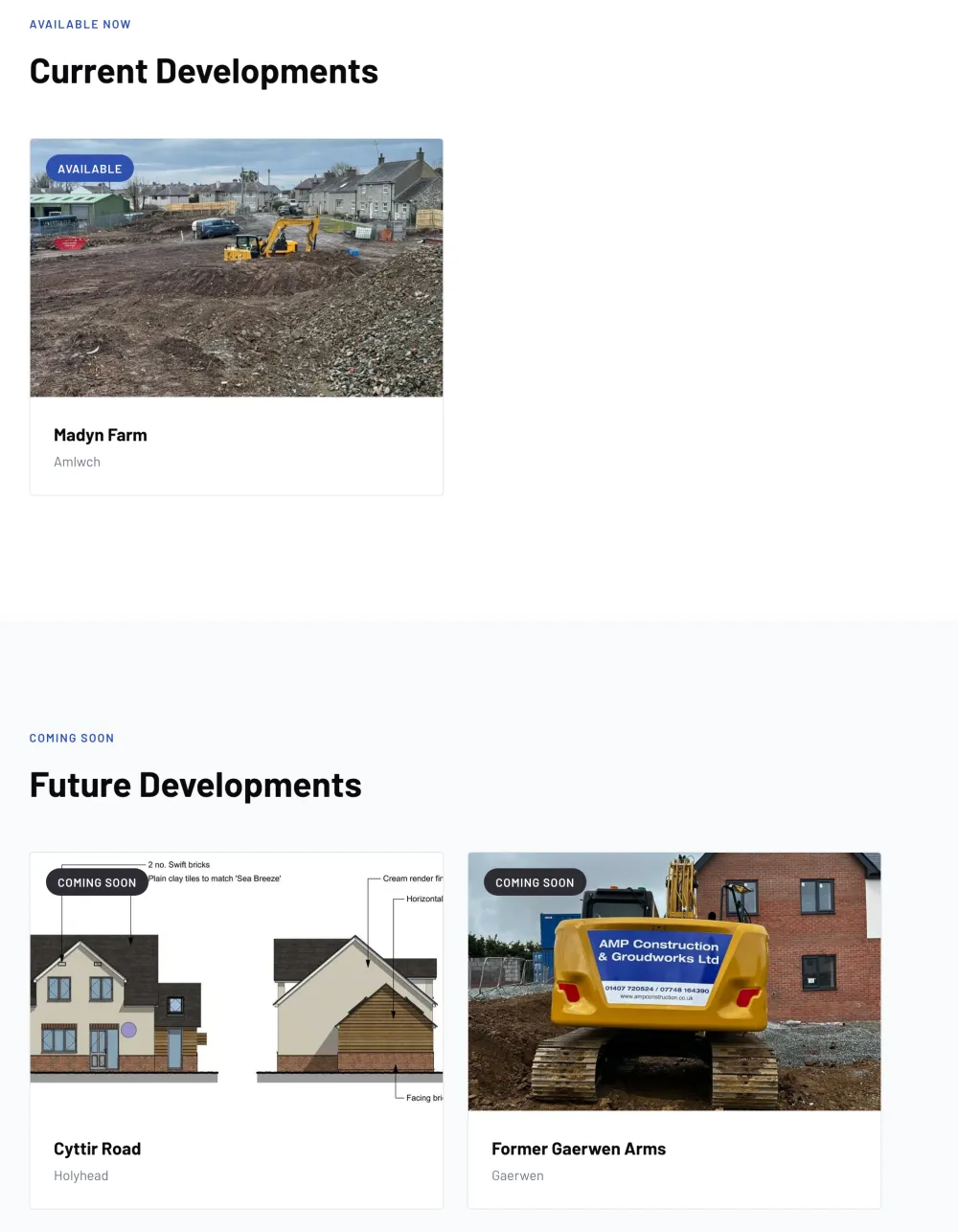 The Homes for Sale page, with Madyn Farm marked Available and Cyttir Road and Former Gaerwen Arms marked Coming Soon