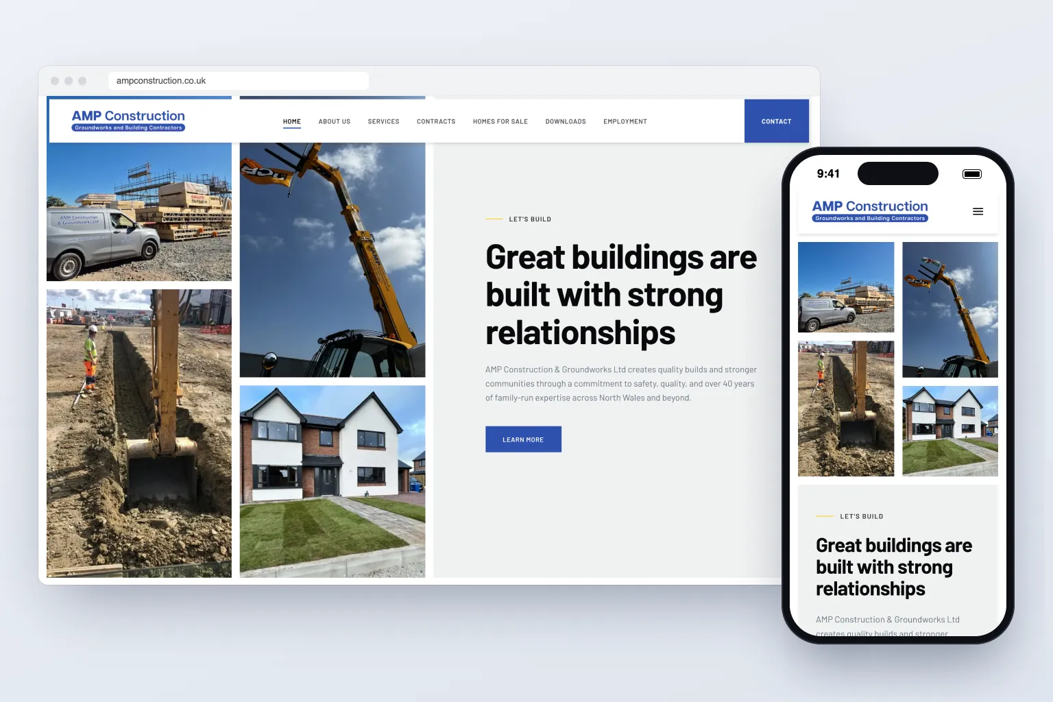 The AMP Construction homepage in a desktop browser and on a phone, with site photography beside the headline Great buildings are built with strong relationships