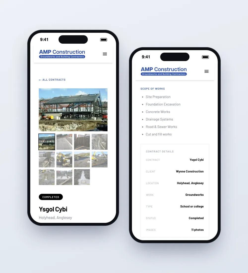 Two phones showing the Ysgol Cybi contract page, one with the photo gallery and one with the scope of works and contract details