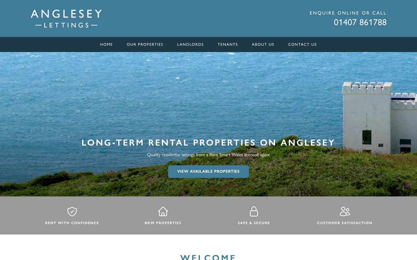 The Anglesey Lettings homepage in teal and navy, headed Long-term rental properties on Anglesey