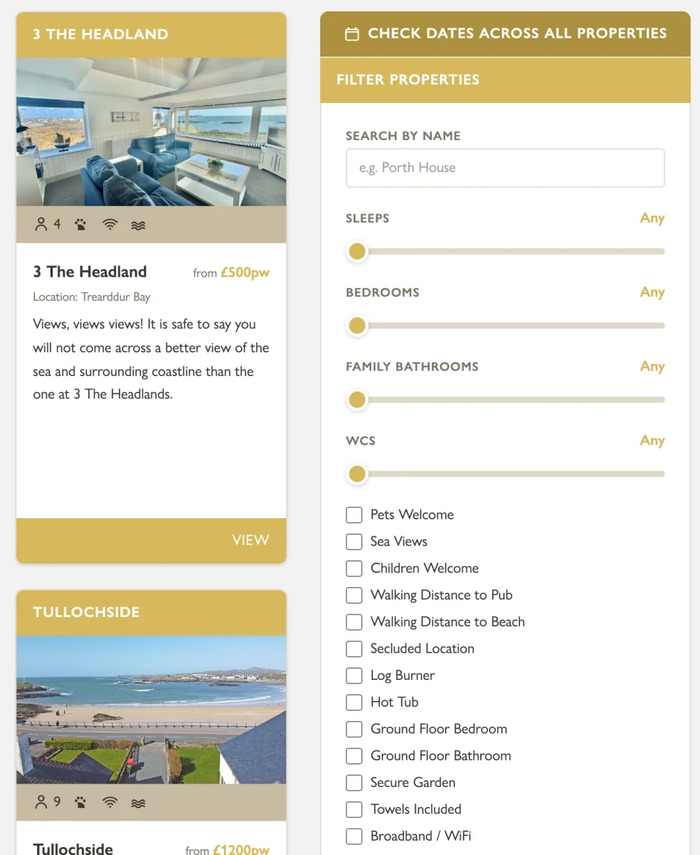 One property card with feature icons beside the filter sidebar, with sliders for sleeps, bedrooms, bathrooms and WCs and checkboxes for pets, sea views, log burners, hot tubs and more