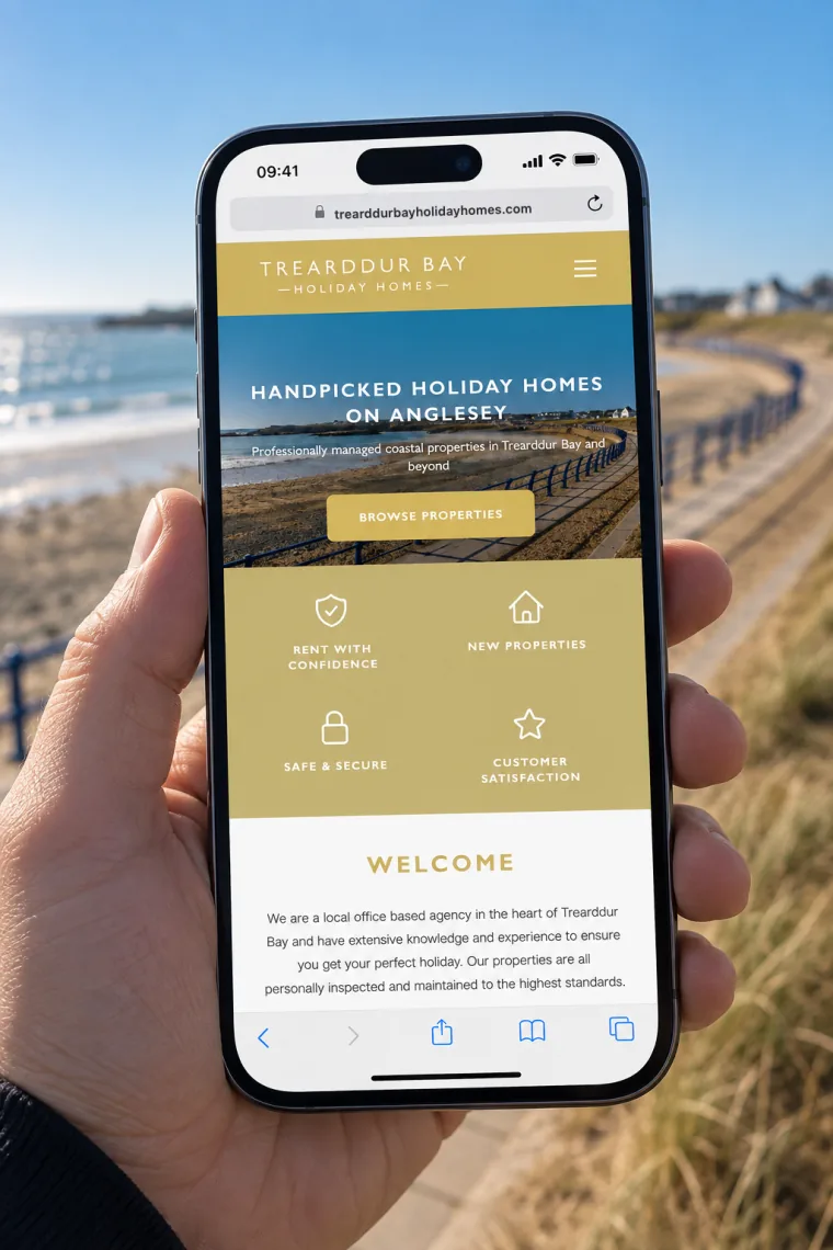 The Trearddur Bay Holiday Homes website on an iPhone, held up on the promenade at Trearddur Bay